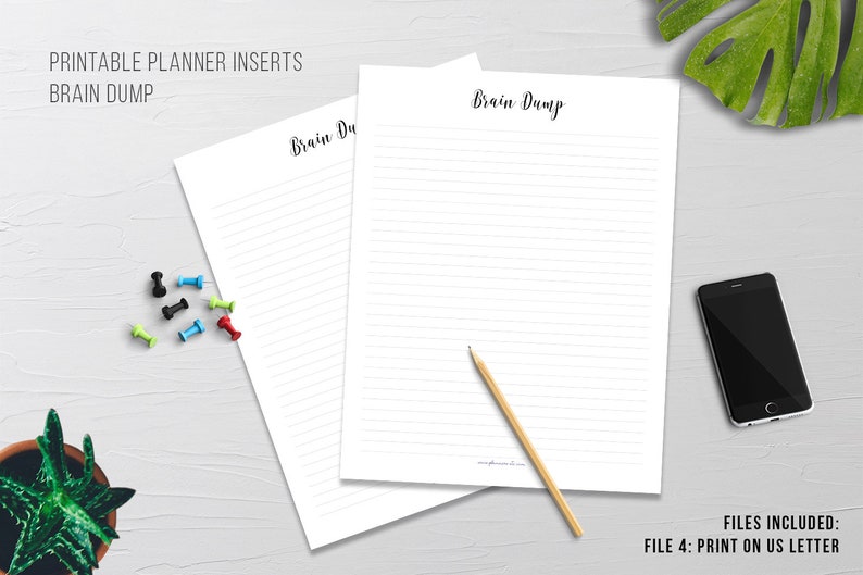May include: Two white lined paper sheets with the text "Brain Dump" in a handwritten font. A pencil, a smartphone, and colorful push pins are also visible. The text "Printable Planner Inserts" and "File 4: Print on US Letter" are also present.