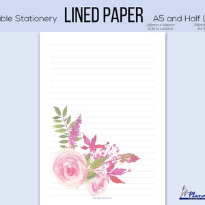 Gefüttert Briefpapier, Florale Notizen Briefpapier, A5 Liniertes Papier, Halber Brief Florales Papier, liniertes Papier, druckbare Notizen, Schreibpapier, RL017A5