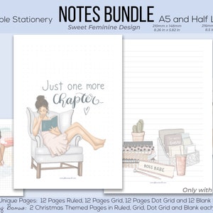 May include: Printable stationery notes bundle with a sweet feminine design. Includes A5 and half-letter sizes. The pages feature illustrations of a woman reading, a cactus, and the text "Just one more chapter..." and "Boss Babe".