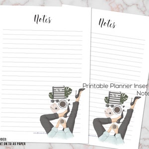 May include: Two lined note pages with the word "Notes" at the top. The pages feature a graphic of a person relaxing with coffee, sunglasses, and a planner. The text "Printable Planner Inserts Notes" is also visible.