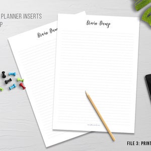 May include: Two white lined planner inserts with the text "Brain Dump" in a handwritten font. A pencil, push pins, a smartphone, and a potted plant are also visible. The text "Printable Planner Inserts" and "Files Included: File 3: Print on to A4 paper" are also visible.