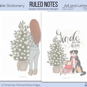 K&ouml;nnte beinhalten: Bedrucktes Briefpapier mit linierten Notizen. Das Design ist s&uuml;&szlig; und feminin. Die linke Seite zeigt eine Person mit langen roten Haaren in der N&auml;he eines Weihnachtsbaums. Die rechte Seite hat einen Weihnachtsbaum und einen Hund mit dem Text "Jingle all the way".