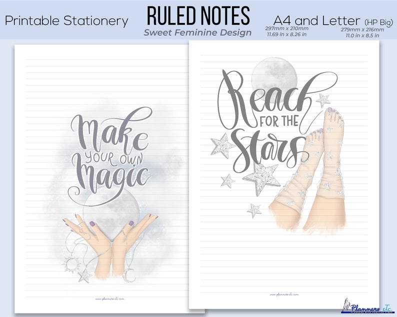 K&ouml;nnte beinhalten: Zwei Bl&auml;tter liniertes Briefpapier mit inspirierenden Zitaten. Eines zeigt "Make Your Own Magic" mit H&auml;nden und einer Mondgrafik. Das andere zeigt "Reach for the Stars" mit F&uuml;&szlig;en und Sterngrafiken. Das Papier ist 297mm x 210mm gro&szlig;.