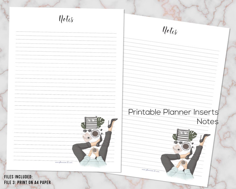 May include: Two white planner insert pages with lined paper and the word "Notes" at the top. The bottom right corner features an illustration of a person with high heels, holding a coffee cup. Text reads "Printable Planner Inserts Notes".
