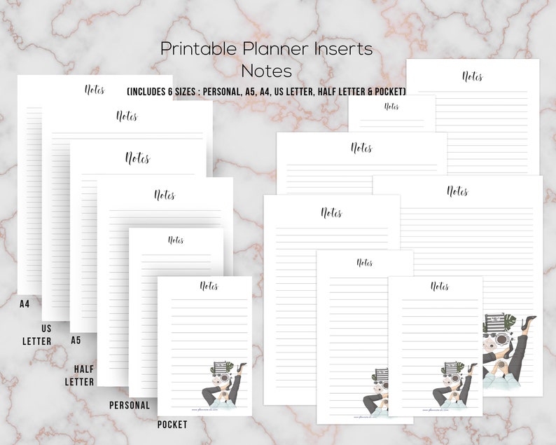 May include: White printable planner inserts with lined pages, labeled "Notes" in a handwritten font. Includes sizes: Personal, A5, A4, US Letter, Half Letter & Pocket. Some pages feature a cartoon illustration.