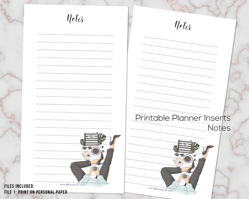 May include: Two white printable planner inserts with lined pages and the word "Notes" in a script font. One insert features a whimsical illustration of a person relaxing with coffee and sunglasses. The text "Printable Planner Inserts Notes" is also visible.