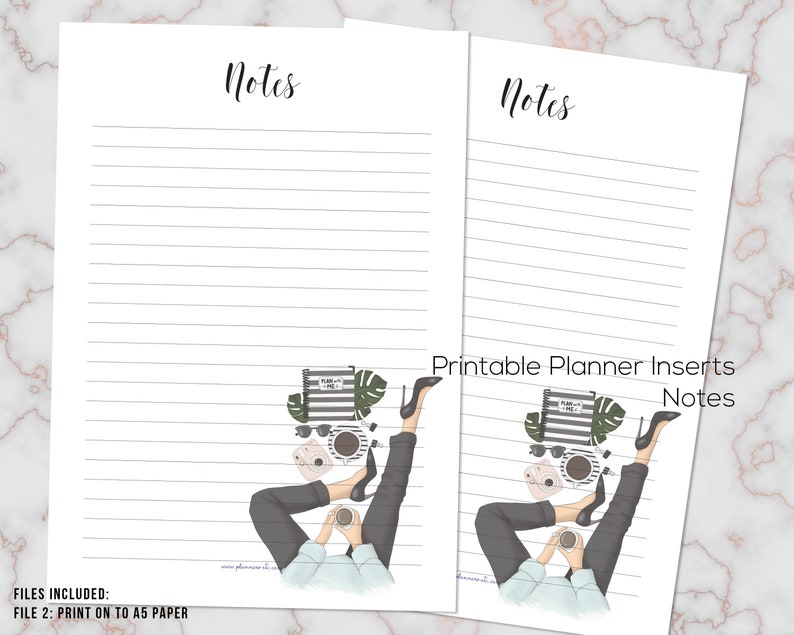 May include: Two white lined planner inserts with the word "Notes" at the top. The inserts feature a graphic of a person relaxing with coffee, sunglasses, and a planner. Text on the right insert reads "Printable Planner Inserts Notes".