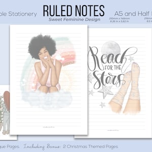 Può includere: Cancelleria stampabile con note a righe. Il design include illustrazioni di una donna, stelle e un tema natalizio. Le pagine sono in formato A5 e mezza lettera, con dimensioni di 210 mm x 148 mm e 216 mm x 140 mm. Include 12 pagine uniche.