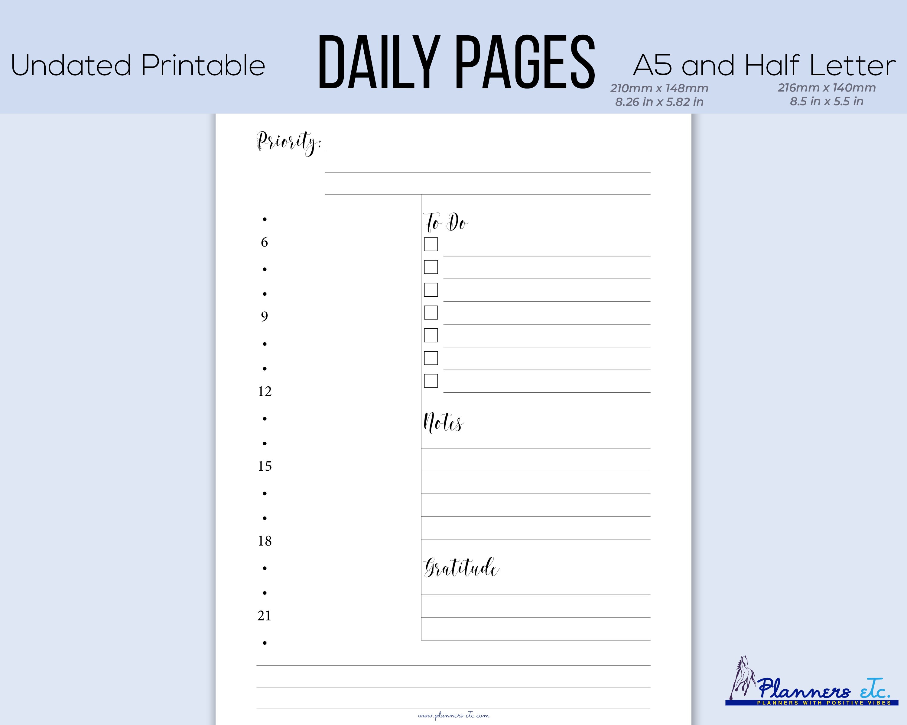 Daily Planner Printable A5, Half Letter Daily Planner Pages, Daily ...