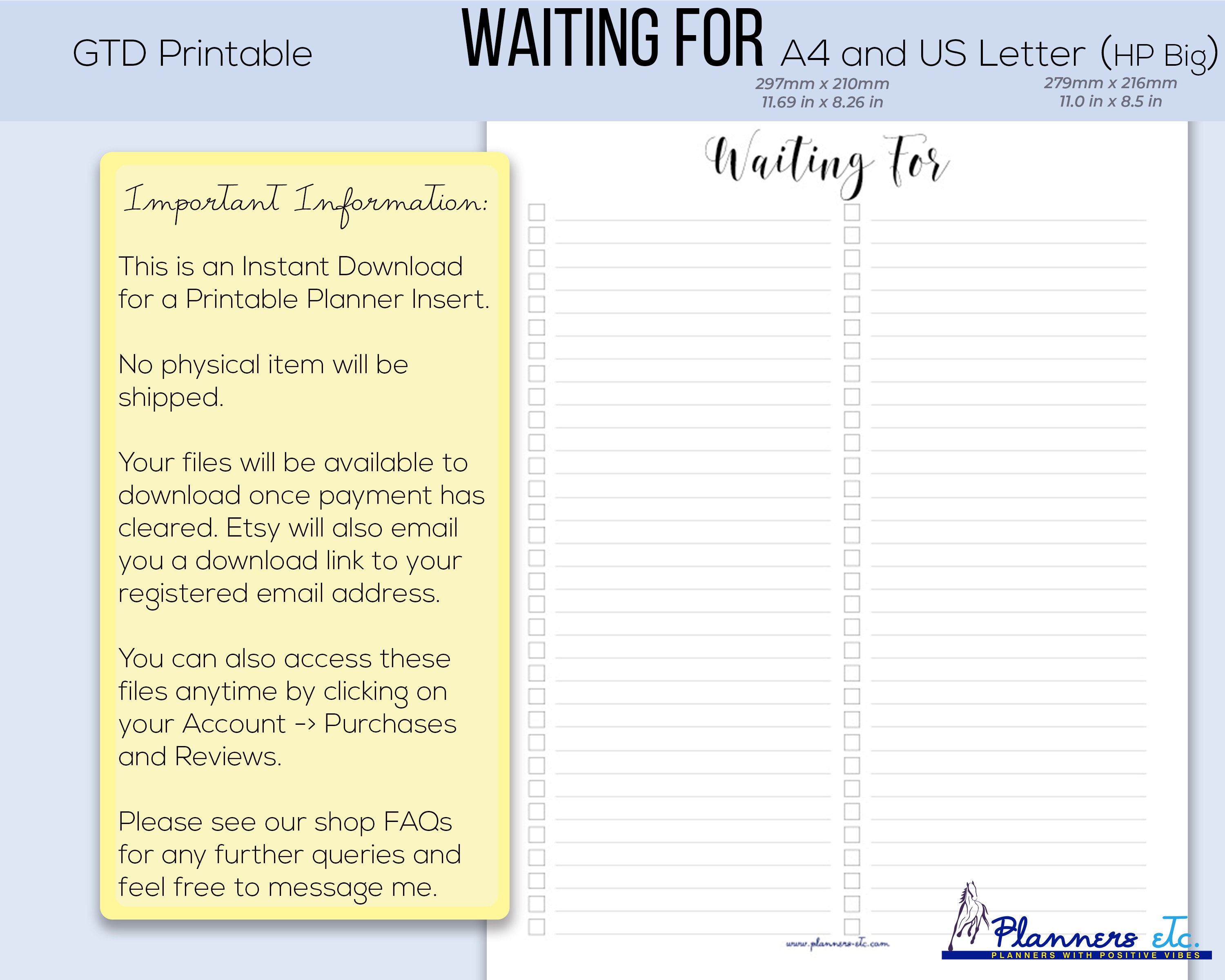 GTD Waiting for List Getting Things Done Printable Planner - Etsy UK
