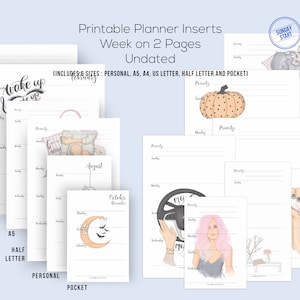 May include: Printable planner inserts with a week-on-2-pages layout, undated. Includes sizes: Personal, A5, A4, US Letter, Half Letter, and Pocket. The design features illustrations of a pumpkin, a woman with pink hair, and other decorative elements.