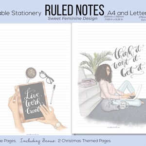 K&ouml;nnte beinhalten: Liniert Notizpapier zum Ausdrucken mit einem s&uuml;&szlig;en, femininen Design. Die Seiten sind im A4- und Letter-Format mit den Ma&szlig;en 297mm x 210mm und 279mm x 216mm. Das Design enth&auml;lt Illustrationen und die S&auml;tze "Live. Work. Create" und "Think it. Want it. Get it."