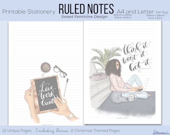 May include: Ruled notes printable stationery with a sweet feminine design. The pages are A4 and Letter size, with dimensions of 11.69 x 8.26 inches and 11.0 x 8.5 inches. The design includes illustrations and the phrases "Live. Work. Create" and "Think it. Want it. Get it."