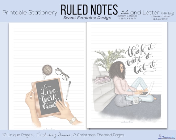 Printable Ruled Notes Pages A4 and US Letter Feminine Paper Lined Stationery Notes