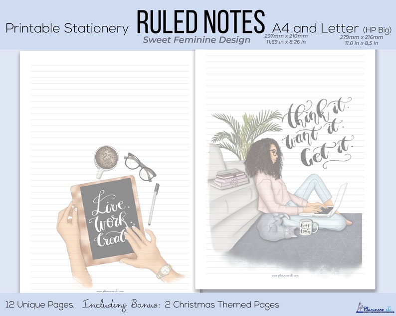 K&ouml;nnte beinhalten: Liniert Notizpapier zum Ausdrucken mit einem s&uuml;&szlig;en, femininen Design. Die Seiten sind im A4- und Letter-Format mit den Ma&szlig;en 297mm x 210mm und 279mm x 216mm. Das Design enth&auml;lt Illustrationen und die S&auml;tze "Live. Work. Create" und "Think it. Want it. Get it."