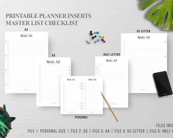 To Do List Printable, Master Checklist, To Do List, Printable List, a5 Planner Insert, Printable Planner, Personal, A4, Letter, Half Letter