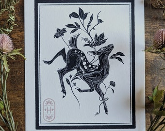 Hirsch und Blumen Tusche Illustration Druck