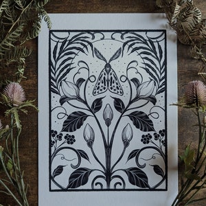 Moth Moon Flower Witchy Ink Print