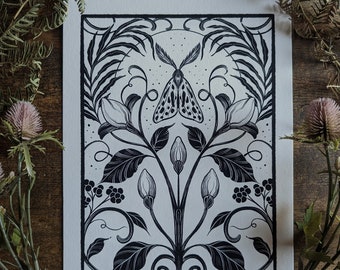 Moth Moon Flower Witchy Ink Print