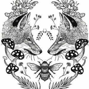 May include: Black and white illustration of two foxes facing each other with floral accents and a bumblebee in the center.