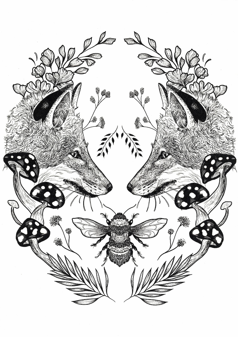 May include: Black and white illustration of two foxes facing each other with floral accents and a bumblebee in the center.