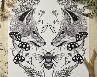 Fox Illustration, Fine Art Illustration Fox, Gift fox, Bee Illustration, Fox Art Print, Original Illustration fox Print, Fox Home decor