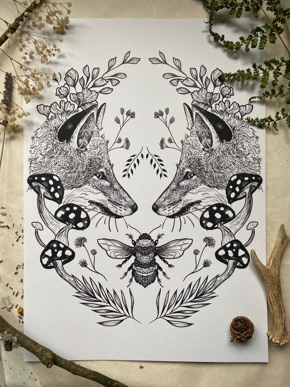Fox Illustration, Fine Art Illustration Fox, Gift fox, Bee Illustration, Fox Art Print, Original Illustration fox Print, Fox Home decor