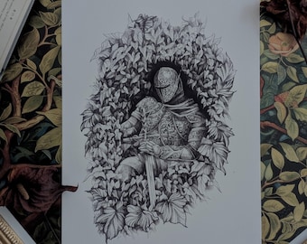 El descanso final / medieval / regio / gótico / caballero / tinta / impresión artística