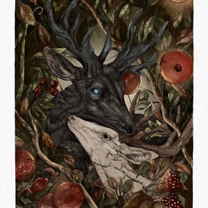 Woodland Deer painting fairytale fine art print “Hades and Persephone” limited edition