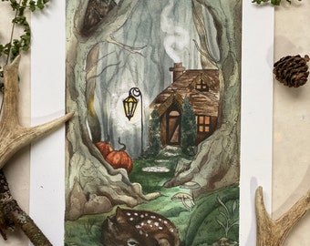 Forest Watercolour Painting, Deer Watercolour, Deer Art, Pumpkin Art, Autumn Art, Woodland Watercolour, Nature Home Decor
