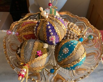 Beaded sequin jeweled pin Christmas tree ornament handmade Christmas burst ornament in turquoise and pearl