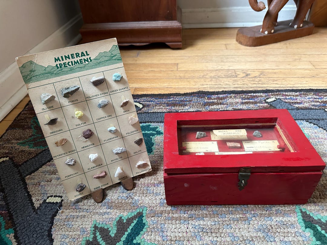 Vintage Rock and Mineral Specimens Sample and Red Wood and Glass Box of ...