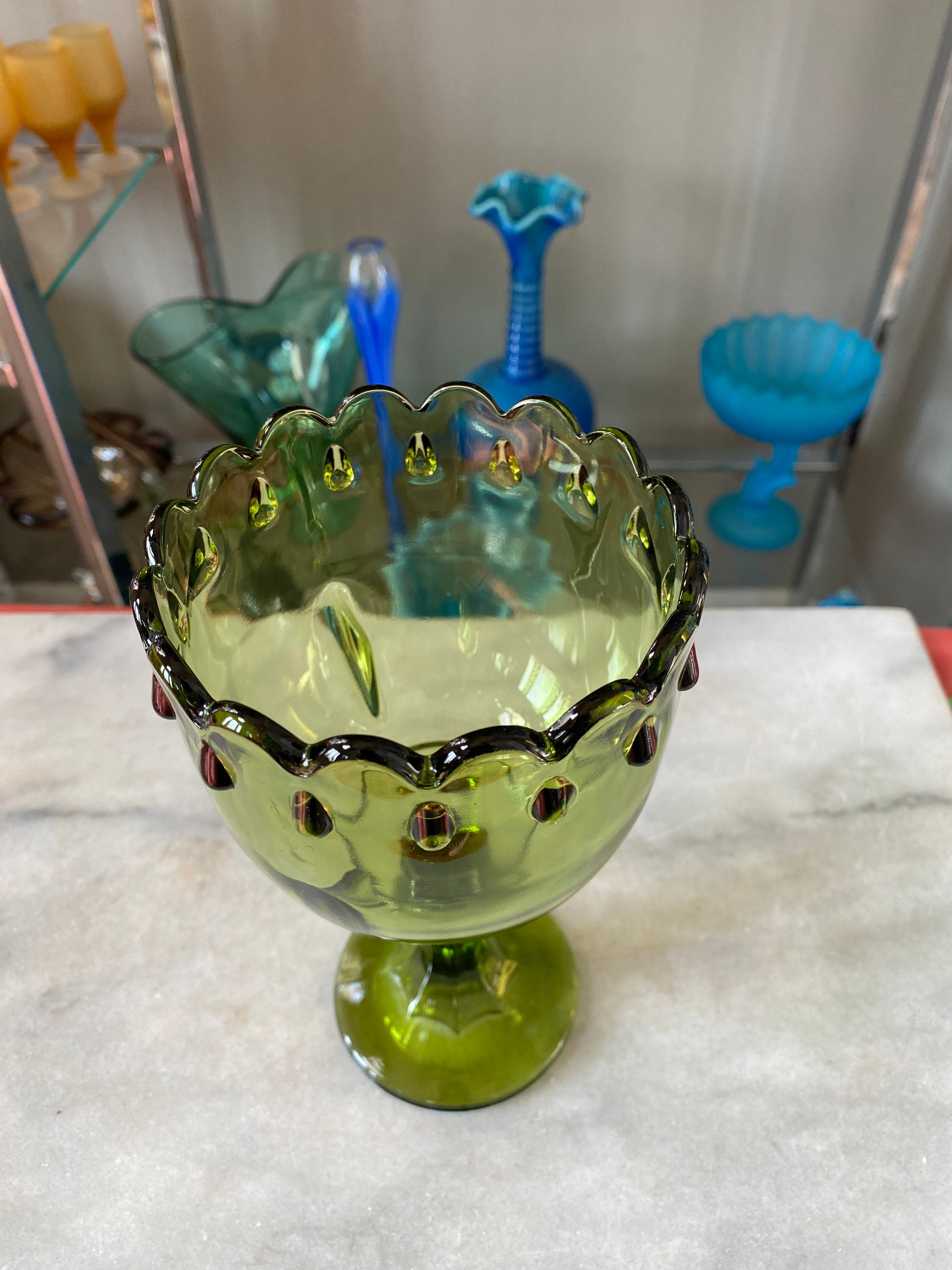 Vintage avocado Green Glass Vase Green Goblet Green Glass Etsy