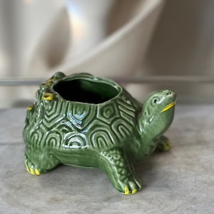 Vintage 1950s McCoy Pottery Turtle Planter | Green Textured Ceramic Flower Pot | Mid Century Modern MCM Succulent Planter | USA Pottery