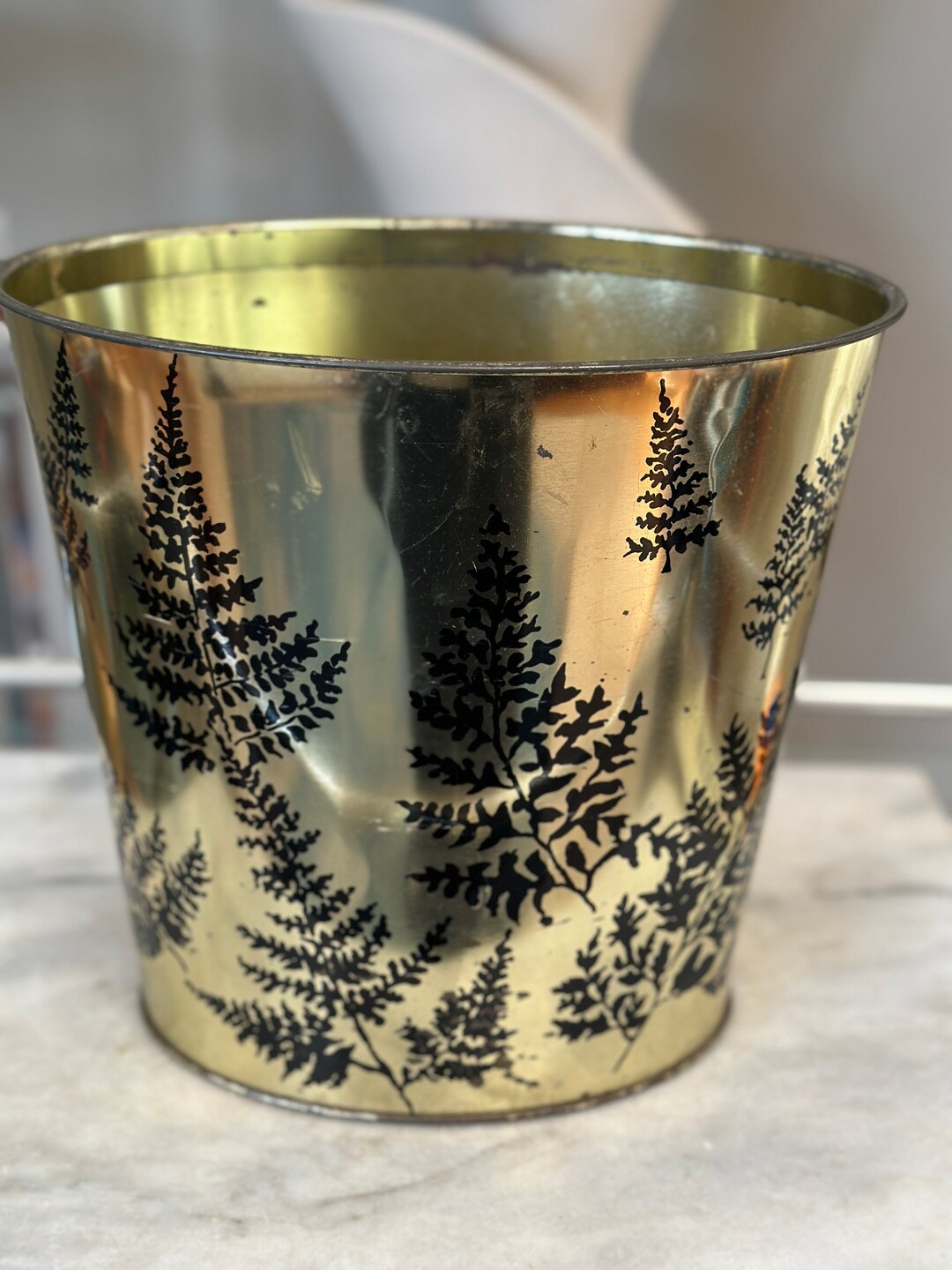Vintage Metal Wastebasket Gold With Black Ferns Etsy