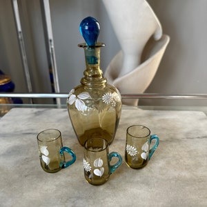 Small Antique Victorian Colored Decorated Glass Cordial Set (3) Glasses + Decanter)