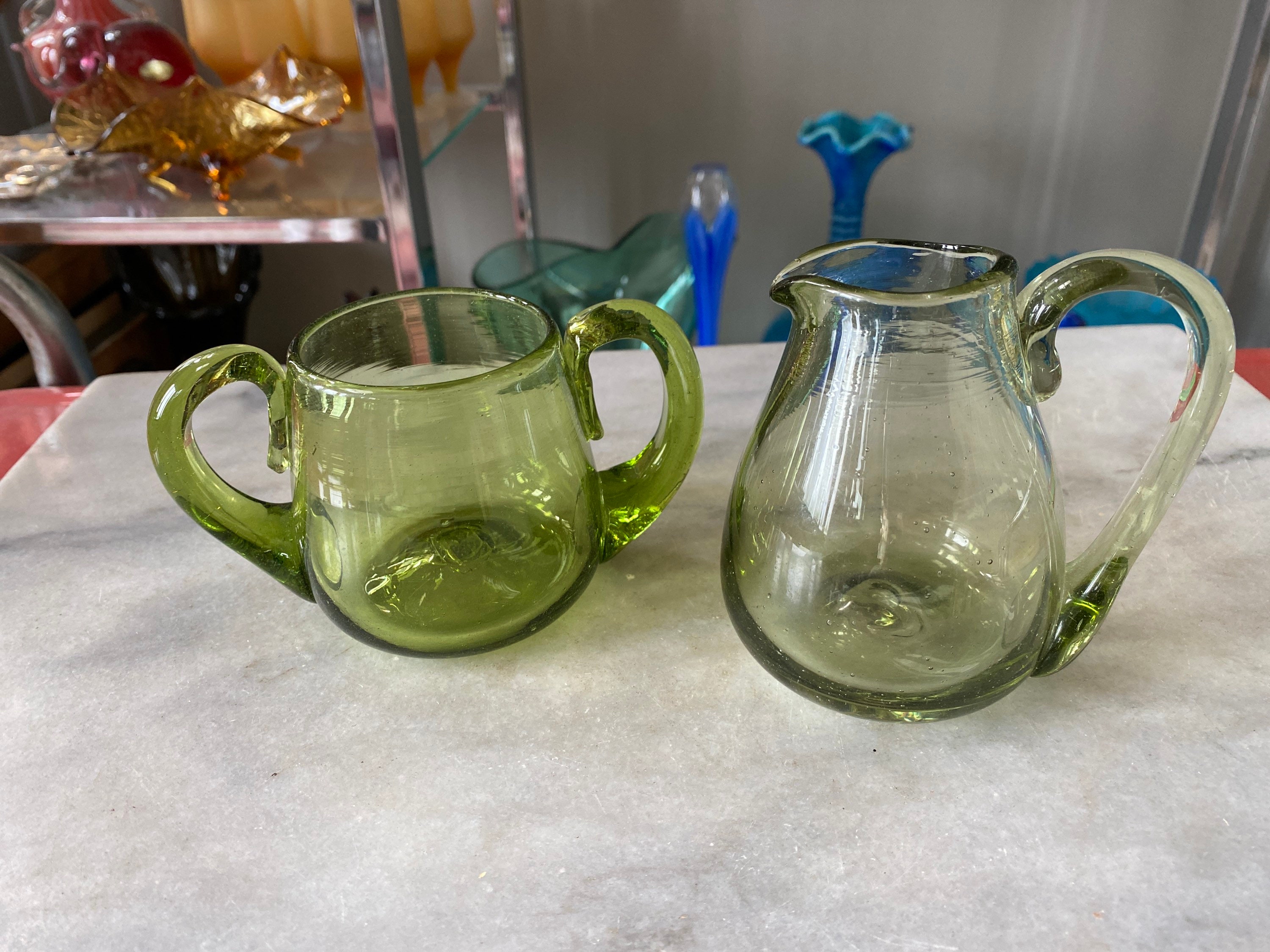 Vintage Green Creamer and Sugar Set Hand Blown Cream Pitcher Etsy