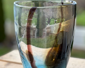 Vintage Blown Art Glass Vase: Aqua Teal & Eggplant, Diamond Star Corp
