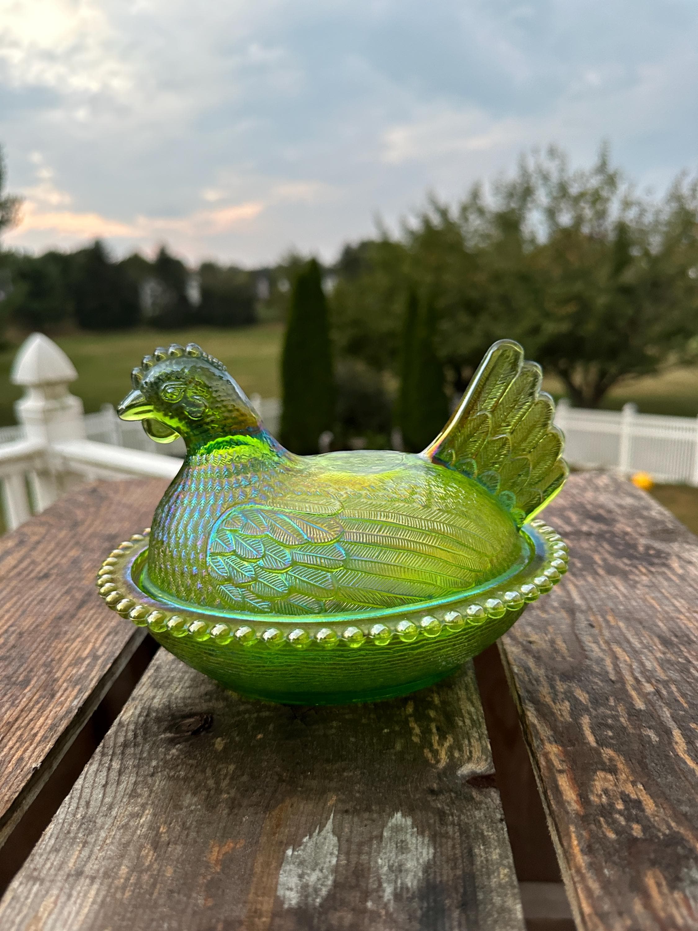 Rare Bright Lime Green Hen, Carnival Glass Large Hen on Nest