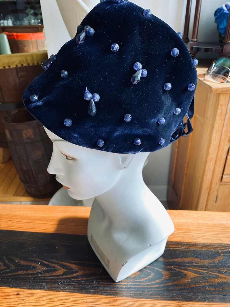 Vintage Marche Exclusive Navy Blue Velour Beaded Hat from the 1960s