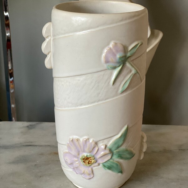 Vintage Weller Pottery Floral Wild Rose 1930s Art Deco Matte White Handle Vase | USA Pottery Wild Rose Weller Art Pottery