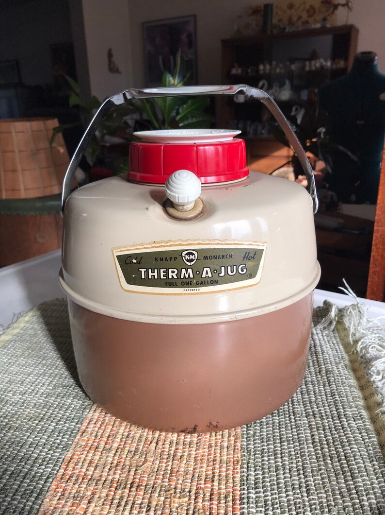 1950s Thermal Cooler Vintage Brown and Ivory metal finish Knapp Monarch Therm-a-Jug holds 1 Gallon thermos