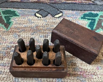 Antique Steel Number Stamp Set in Dovetailed Wood Case