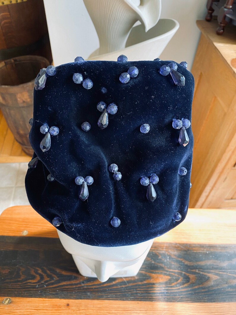 Vintage Marche Exclusive Navy Blue Velour Beaded Hat from the 1960s
