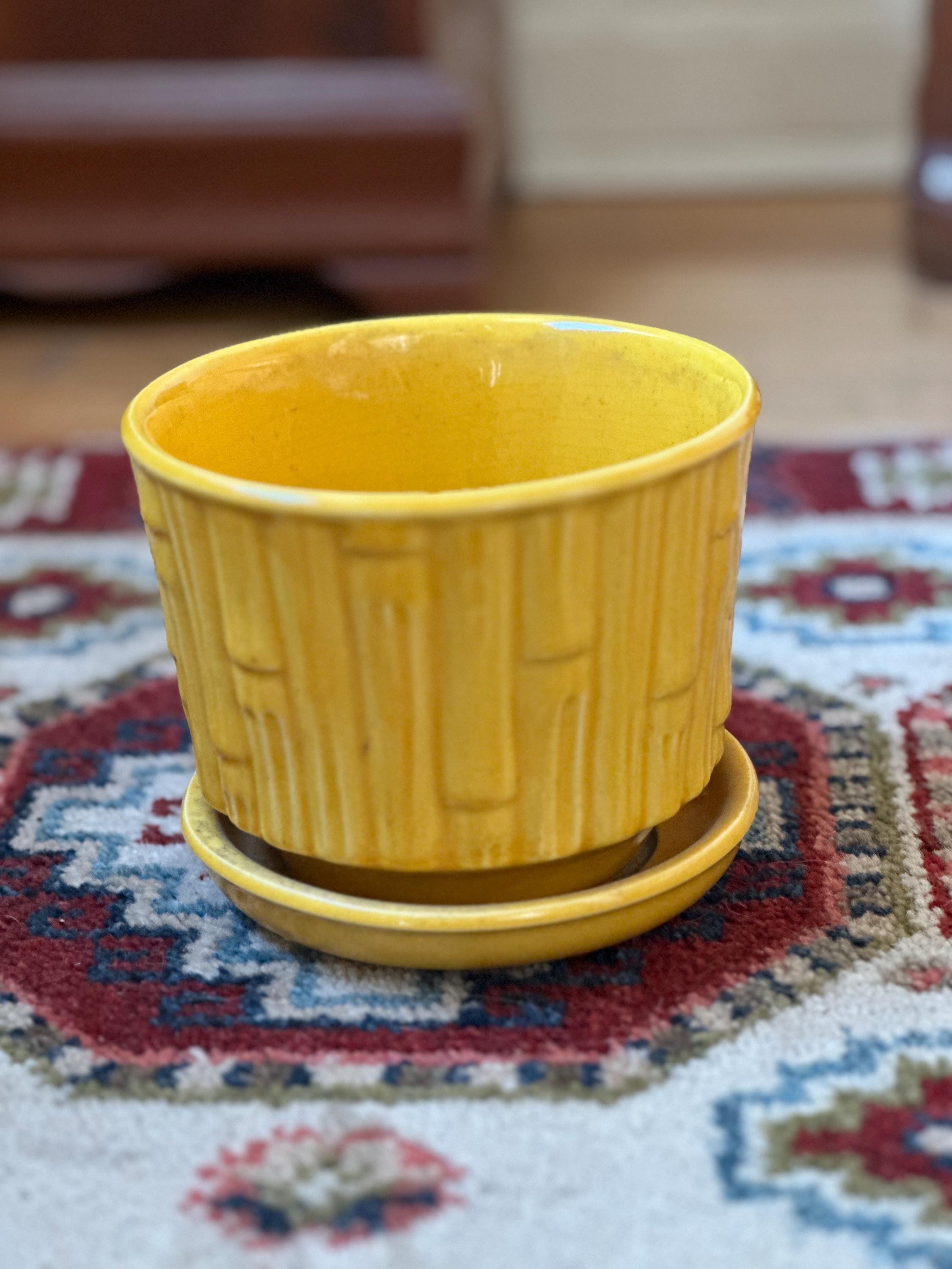 Mccoy 1960s Vintage Art Pottery Yellow Bamboo Flower Pot Saucer