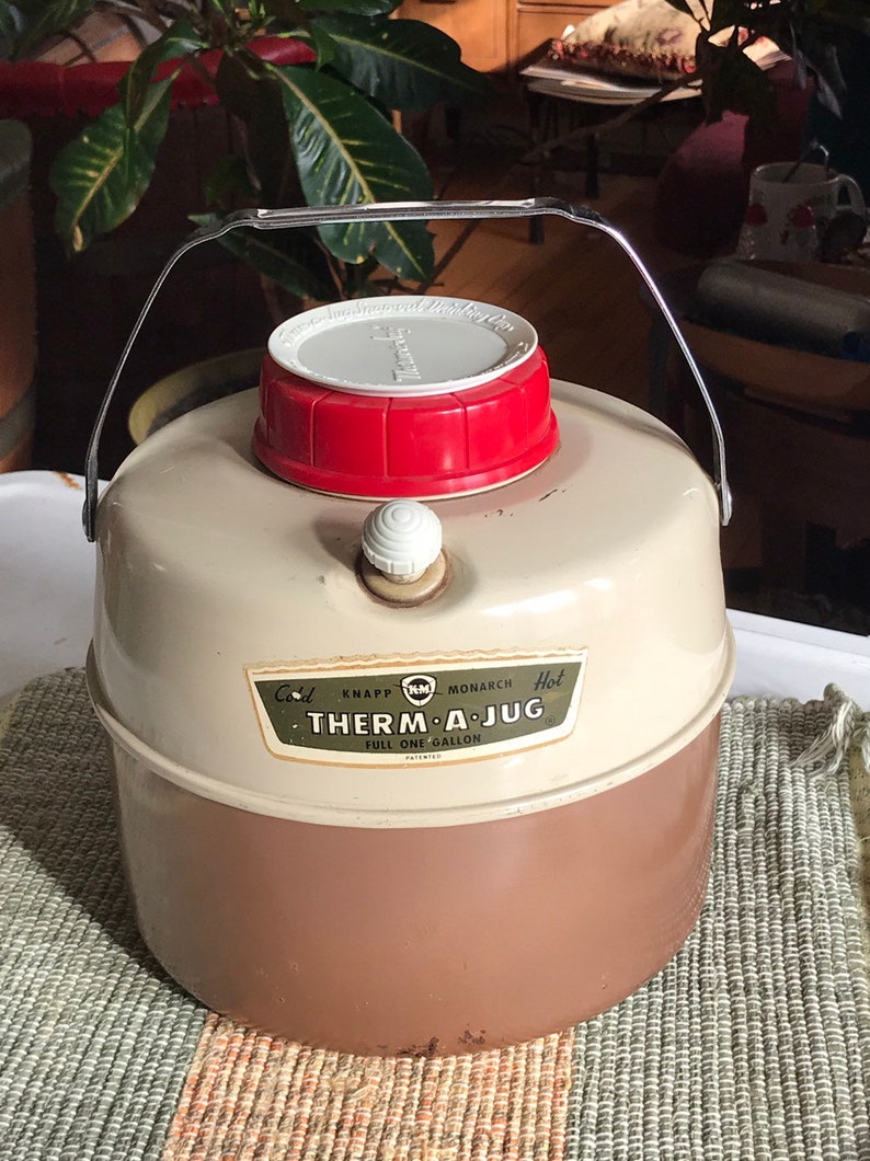 1950s Thermal Cooler Vintage Brown and Ivory metal finish Knapp Monarch Therm-a-Jug holds 1 Gallon thermos