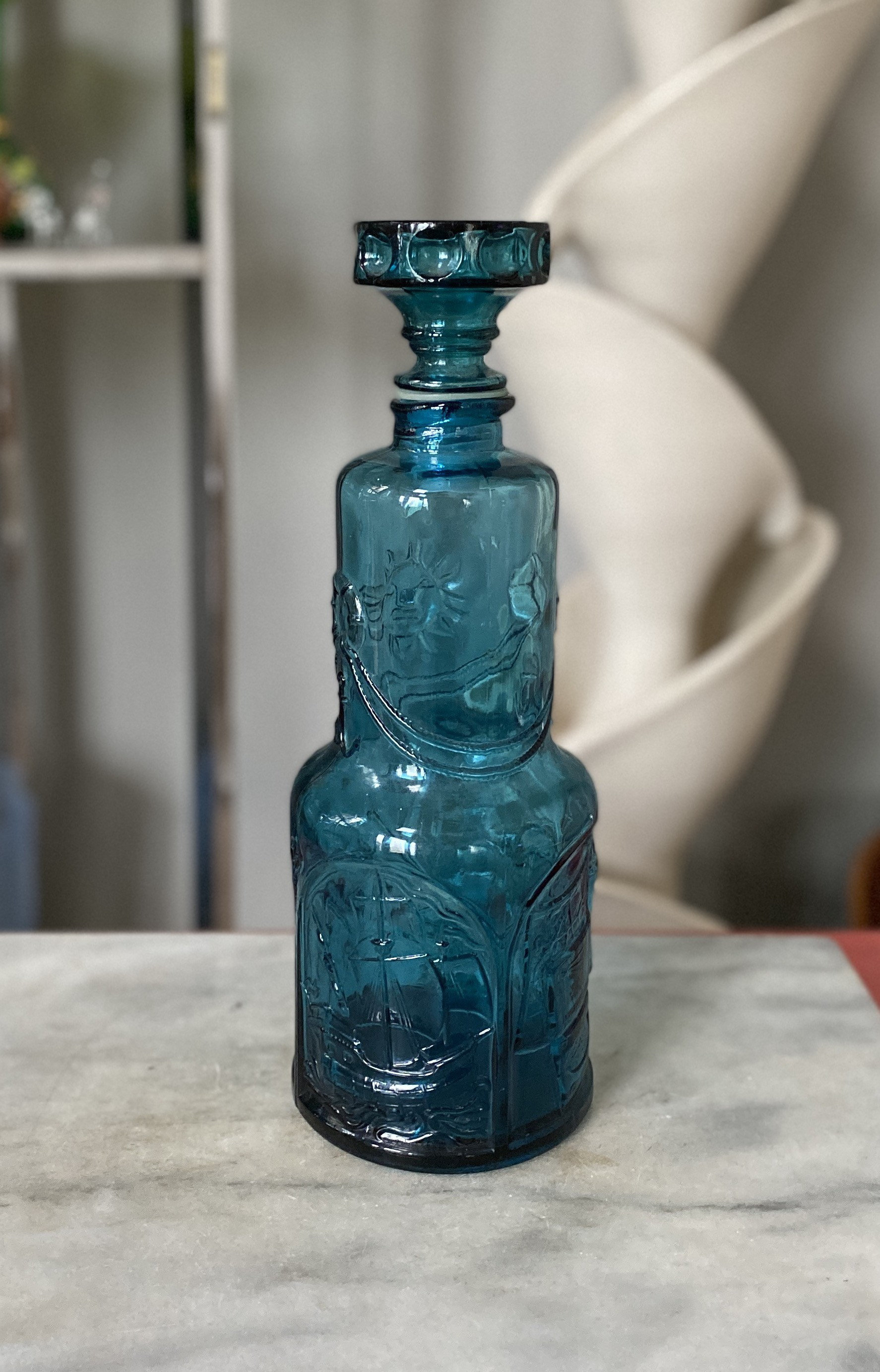 Vintage MCM Barware Empoli 13 Nautical Bottle Decanter Blue Italy