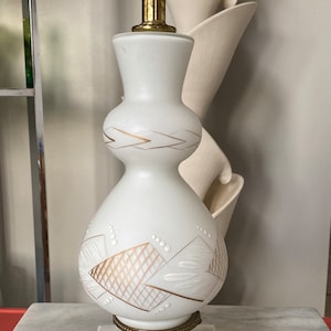 Vintage Frosted White Glass Table Lamp | Hand Painted Gold MCM Design | Brass Fish Marble Base | Hollywood Regency | Mid Century Modern
