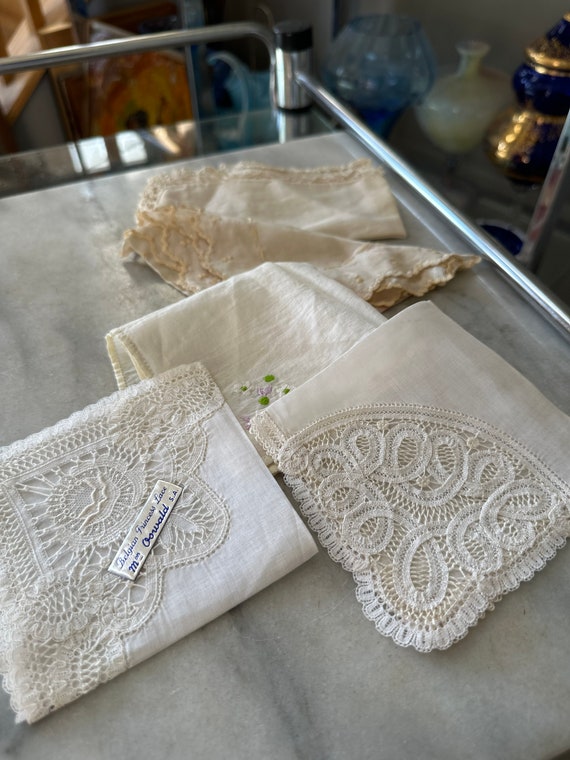 5 Vintage Shabby Chic Linen and Lace Hankies - Go… - image 10