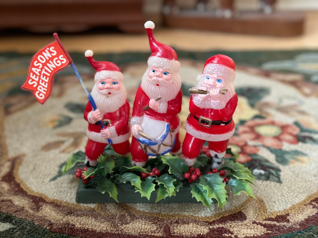 Vintage Kitschy Santa Fife and Drum Christmas Figurine Seasons Greeting Santas Patriotic Santa